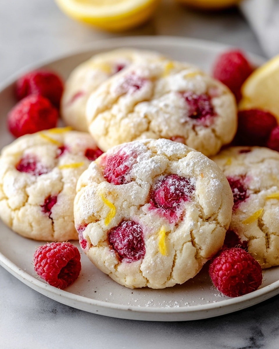 White ceramic platter filled with multiple lemon raspberry cookies, each studded with whole raspberries and small lemon zest pieces, lightly dusted with powdered sugar, arranged in an inviting stack, photographed from a 3/4 angle on a white marble countertop with natural lighting, professional food magazine hero shot, photo taken with an iphone --ar 4:5 --v 7
