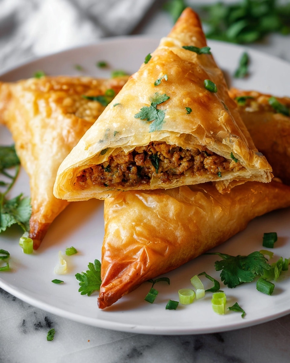 Large white bowl filled with multiple golden-brown, triangular samosas, garnished with chopped green onions and fresh cilantro sprigs, accompanied by lime wedges and a white ramekin of rich tamarind dipping sauce, the whole dish styled and photographed from a 3/4 angle on a white marble countertop with natural lighting, professional food magazine hero shot photo taken with an iphone --ar 4:5 --v 7
