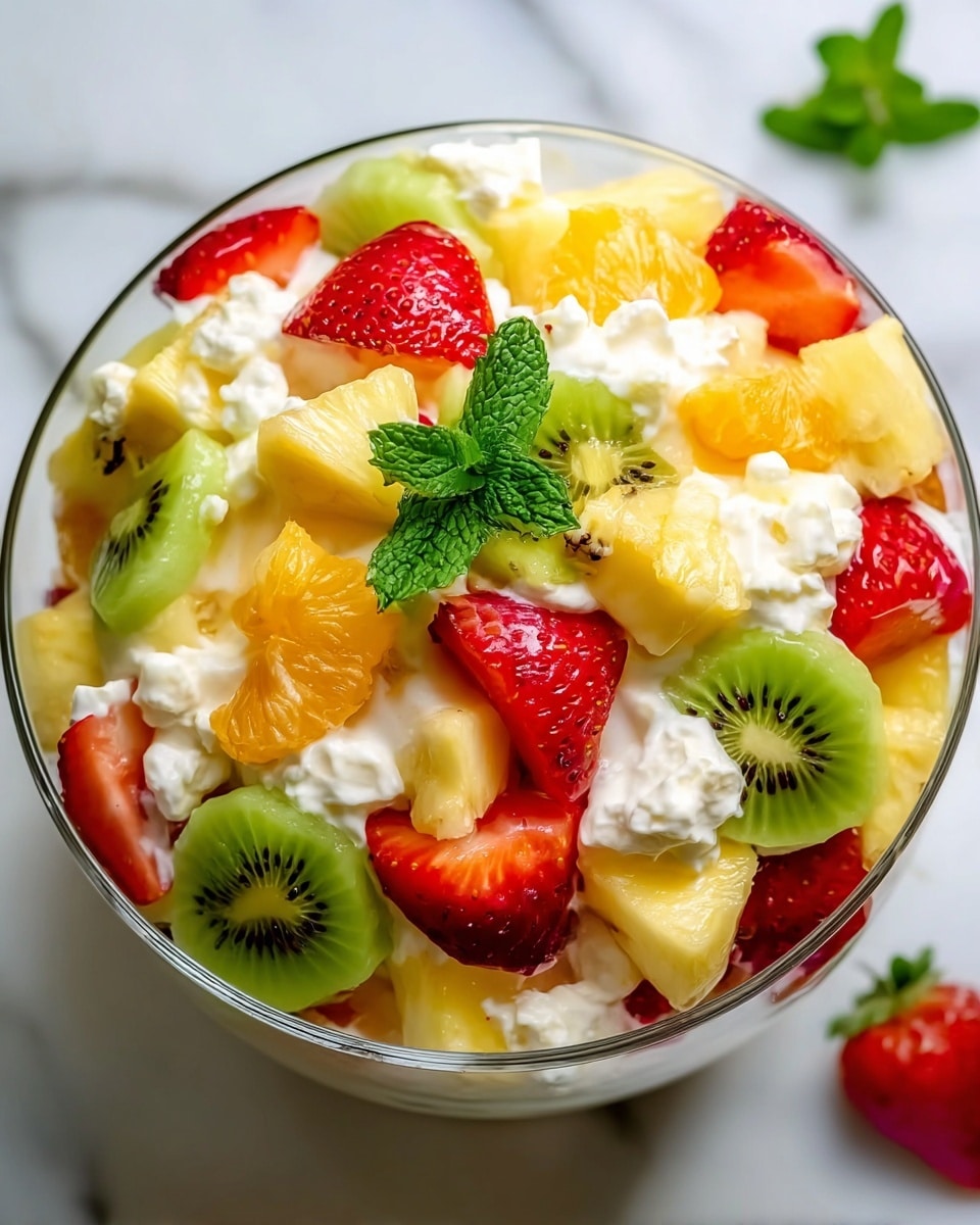 Large white glass bowl filled with a fresh fruit salad featuring whole chunks of pineapple, vibrant red strawberries, bright green kiwi slices with a heart-shaped center, and creamy dollops of cottage cheese, garnished with a small sprig of fresh mint on top, whole dish photographed from a 3/4 angle on a white marble countertop, natural lighting, professional food styling photo taken with an iphone --ar 4:5 --v 7