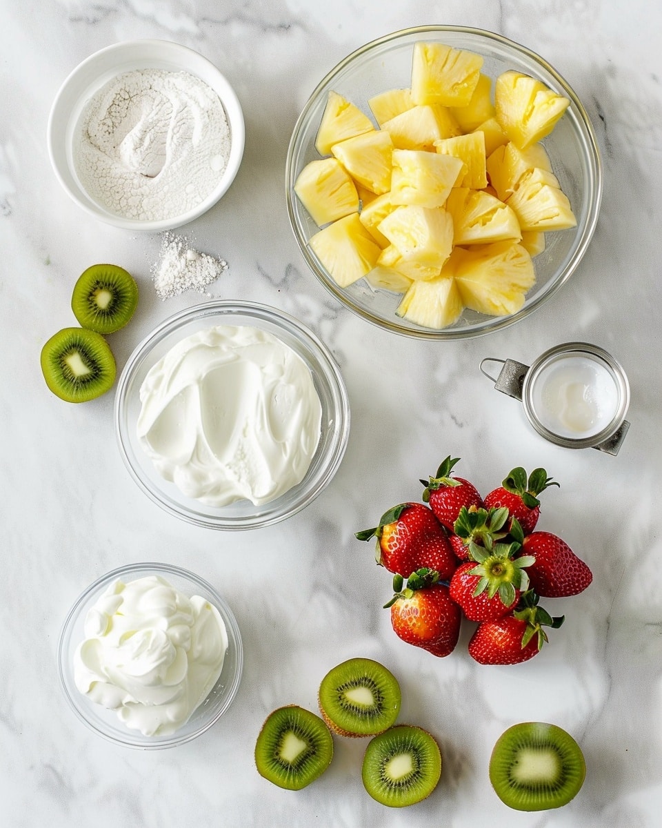 Single white bowl with a close-up serving of fresh fruit salad featuring vibrant chunks of kiwi, strawberries, pineapple, and melon mixed with creamy cottage cheese, topped with a decorative sprig of mint, shot from an angled perspective to highlight the juicy, colorful fruit pieces and creamy texture, placed on a white marble surface under natural lighting, styled like a food blog individual serving photo taken with an iphone --ar 4:5 --v 7