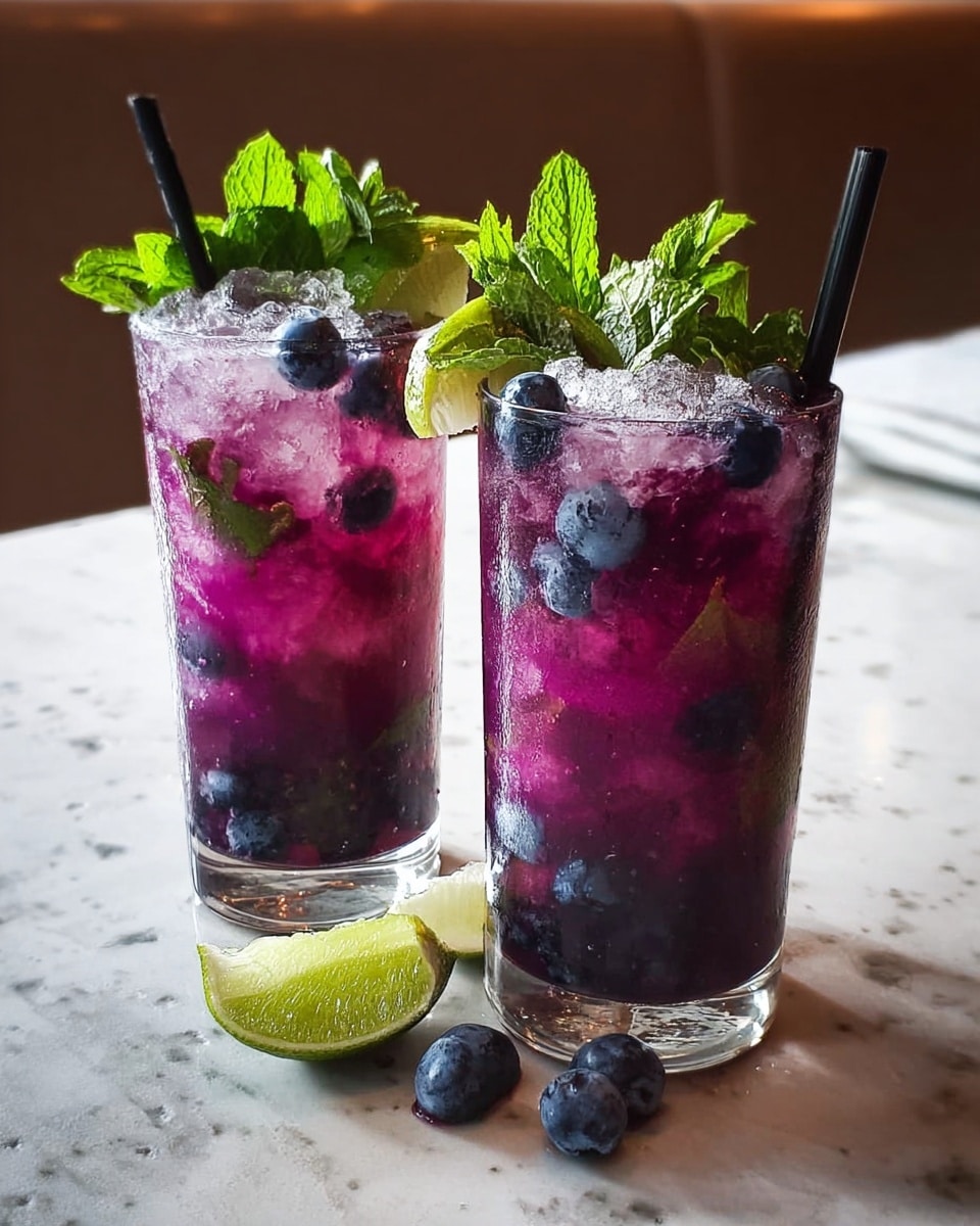 Two tall white glasses filled with vibrant, deep purple blueberry mojitos, packed with crushed ice, fresh whole blueberries, sprigs of bright green mint leaves, and slices of lime, each glass garnished with a black straw. The drinks are styled as a pair on a pristine white marble countertop, lit with soft natural light, captured in a professional food magazine style shot from a 3/4 angle showing the full glasses in frame. Photo taken with an iphone --ar 4:5 --v 7