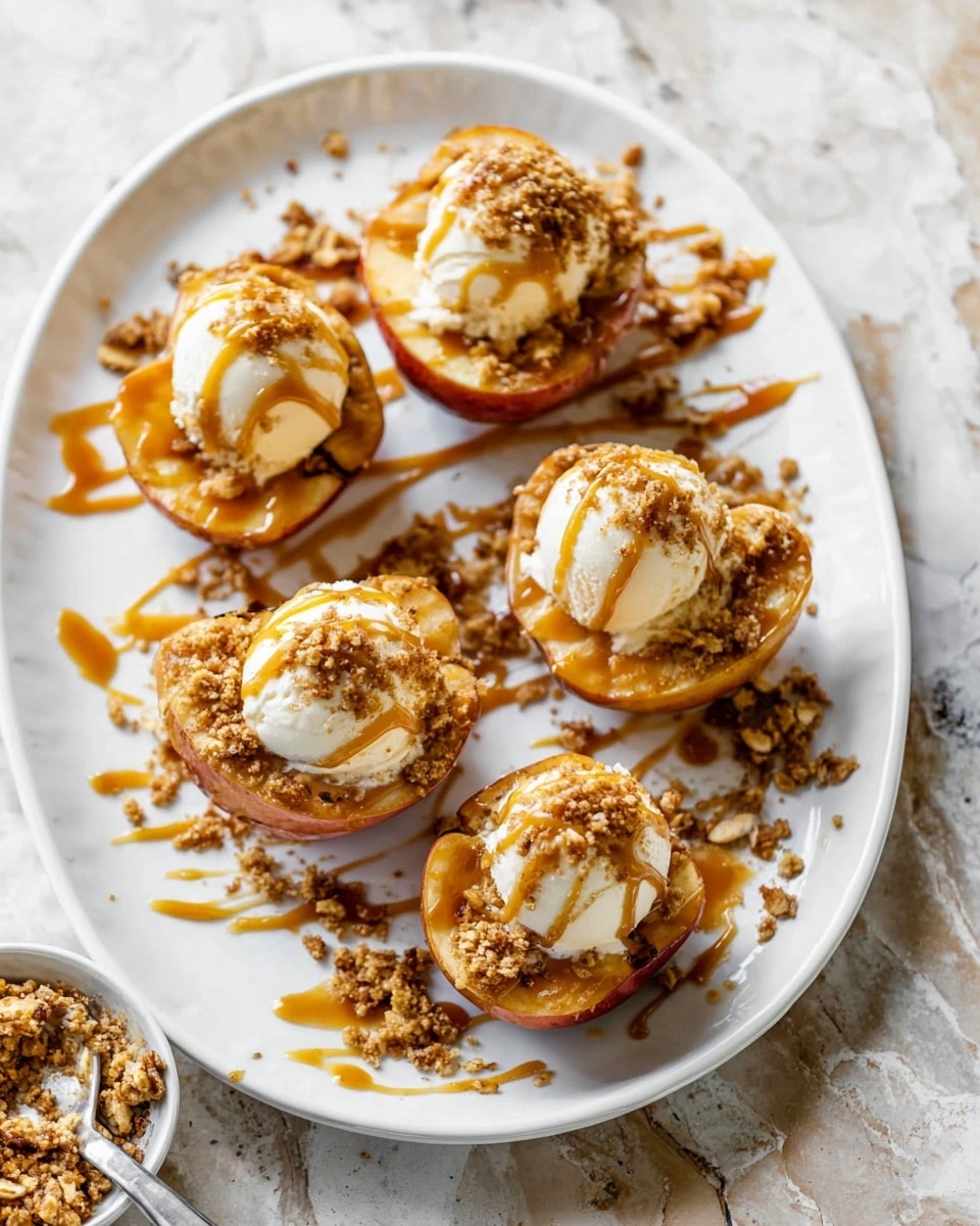 White serving platter arranged with a full batch of baked cinnamon-spiced apple halves, each topped with a generous crumble of oats and brown sugar, crowned with scoops of creamy vanilla ice cream and drizzled with rich caramel sauce, all presented on a white marble background in natural light, professional food magazine hero shot, photo taken with an iphone --ar 4:5 --v 7