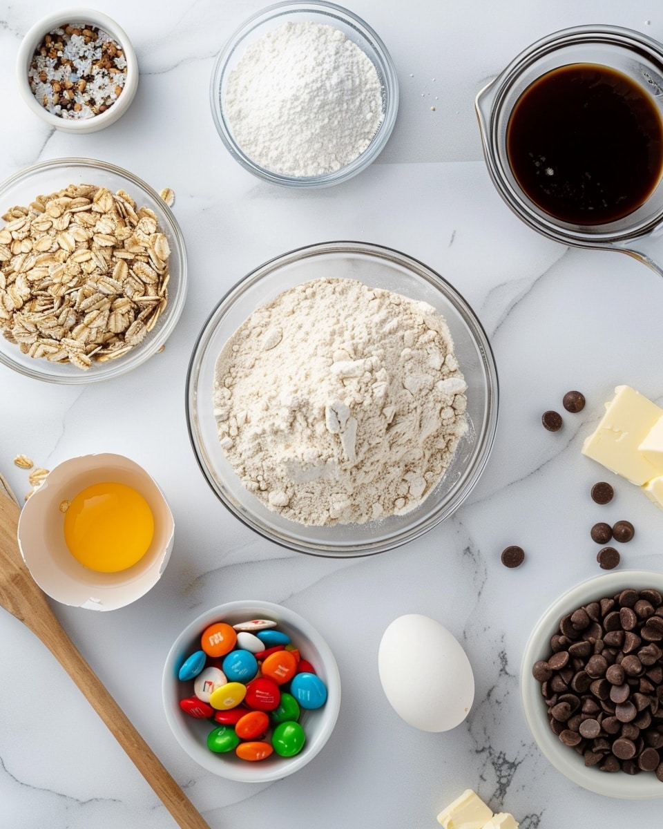 Single white plate with a close-up of one square portion of a layered dessert bar showing a thick, fudgy chocolate layer between crumbly, golden oat crust layers, topped with colorful M&M candies that reveal slightly cracked shells and glossy chocolate inside, emphasizing rich textures and contrast, styled naturally on a white marble surface with soft natural light, intimate plated serving photo taken with an iphone --ar 4:5 --v 7
