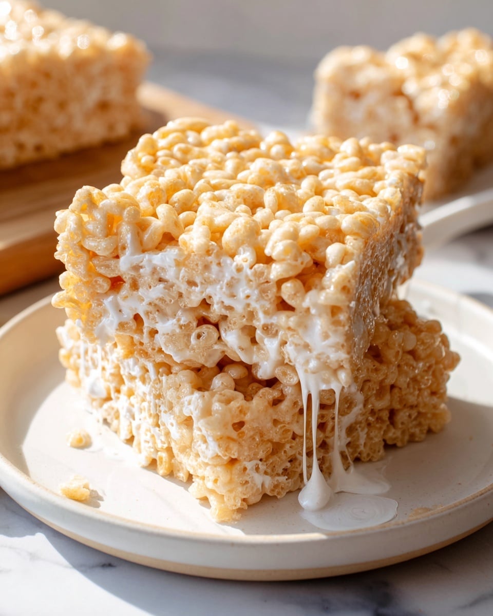 Large white rectangular baking dish filled with a whole tray of classic golden rice crispy treats, tightly packed and slightly glossy from melted marshmallow, showing the uniform texture of puffed rice cereal mixed with melted marshmallows, photo taken from a 3/4 angle on a white marble countertop with natural lighting, professional food magazine hero shot photo taken with an iphone --ar 4:5 --v 7