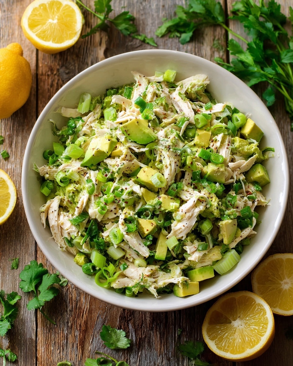 Large white serving bowl filled with a vibrant chicken avocado salad, featuring shredded white chicken meat mixed with chunky avocado, diced celery, sliced green onions, and fresh herbs, all lightly seasoned with black pepper, displayed on a rustic wooden surface alongside halved lemons and fresh cilantro sprigs, professional 3/4 angle food magazine style shot on white marble background with natural lighting, photo taken with an iphone --ar 4:5 --v 7