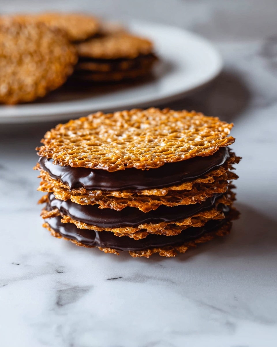 White rectangular plate displaying a complete stack of thin, round florentine cookies layered with smooth chocolate on one side, each cookie showing a delicate, crisp texture with toasted nuts embedded throughout, accompanied by scattered dark chocolate chips around the base, shot at a 3/4 angle on a white marble countertop with natural lighting, styled like a hero food magazine photo taken with an iphone --ar 4:5 --v 7