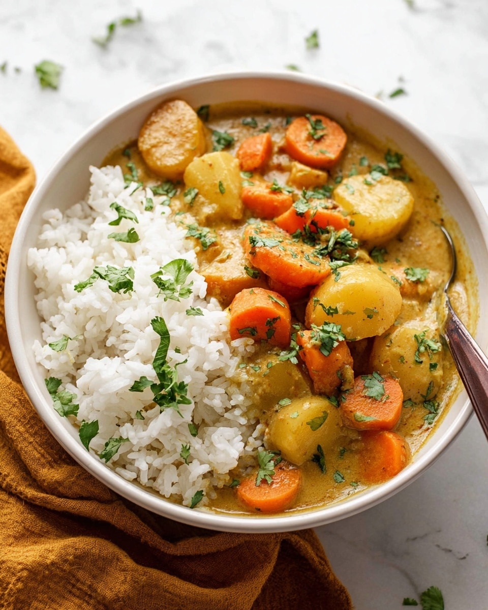 Large white ceramic pot brimming with thick, rich curry stew loaded with tender chunks of potato, carrot pieces, and hearty meat morsels submerged in a velvety golden sauce infused with aromatic spices, the full pot perfectly captured from a 3/4 angle on a white marble countertop bathed in natural light, styled as a luxurious food magazine hero shot, photo taken with an iphone --ar 4:5 --v 7