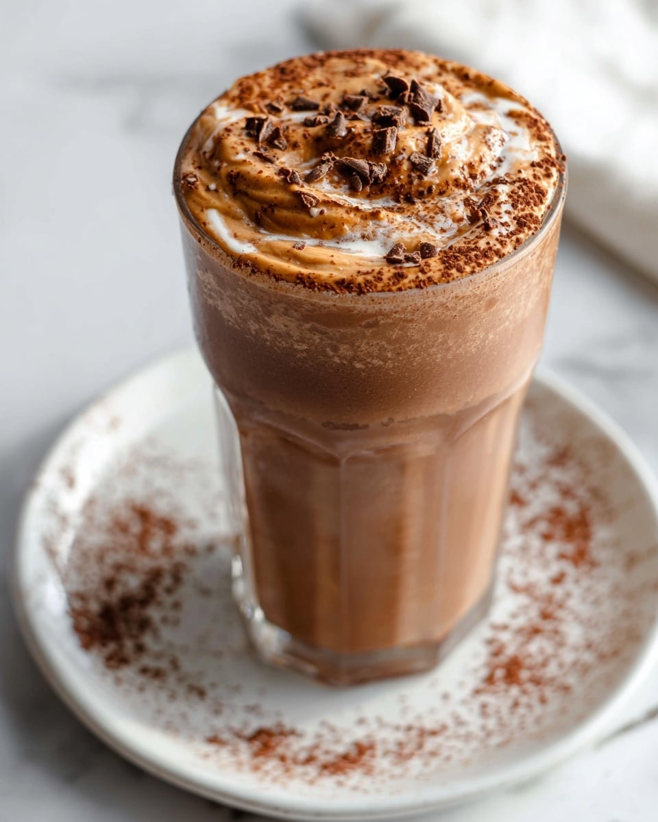 Large white ceramic mug filled to the brim with rich, creamy hot chocolate swirled with smooth peanut butter and sprinkled with cocoa powder on top, placed on a clean white marble countertop, natural lighting highlighting the glossy texture and inviting warmth of the entire drink, professional food magazine style photo taken with an iphone --ar 4:5 --v 7