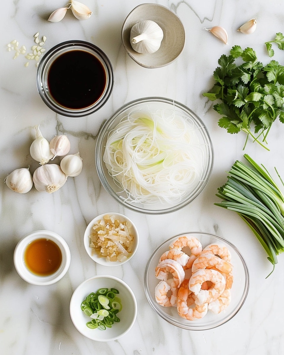 Single white bowl featuring a close-up view of a plated serving of shrimp and glass noodles, showcasing translucent, lightly sauced noodles topped with plump, tender shrimp garnished with finely chopped green herbs, steam gently rising to highlight warmth, angled shot emphasizing the glossy texture and juicy interior of the shrimp nestled among the thin strands of noodles, set on a pristine white marble surface with natural lighting, styled as a cozy and intimate food blog presentation, photo taken with an iphone --ar 4:5 --v 7