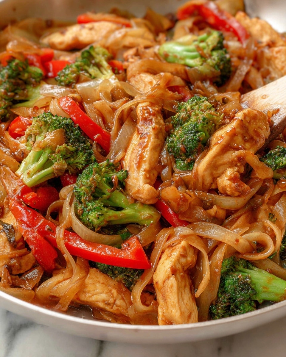 Large white frying pan filled with stir-fried wide rice noodles, vibrant red bell peppers, green broccoli florets, and succulent chicken strips all coated in a savory brown sauce, the whole dish presented on a white marble countertop under natural lighting, shot from a 3/4 angle with professional food styling, photo taken with an iphone --ar 4:5 --v 7