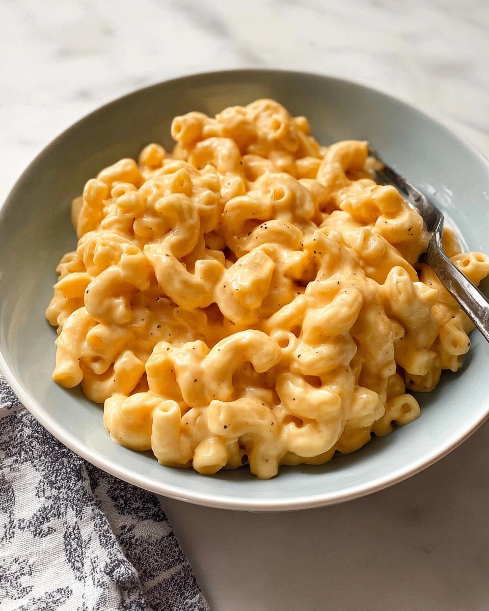 Large blue enameled cast iron pot filled with creamy, rich macaroni and cheese, the pasta perfectly coated in smooth, golden cheese sauce, whole dish shown from a professional 3/4 angle on a white marble countertop with natural lighting, garnished subtly with freshly ground black pepper, surrounded by small bowls of macaroni and shredded cheddar, professional food styling photo taken with an iphone --ar 4:5 --v 7