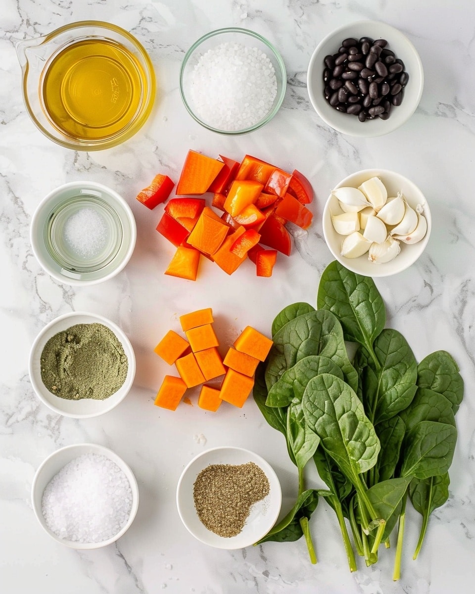 Single white bowl showing a generous serving of vibrant coconut curry soup with orange sweet potato chunks, black beans, red bell pepper pieces, and bright green spinach leaves visible in a rich, creamy broth, close-up angled view emphasizing the hearty texture and colorful ingredients, garnished with a sprinkle of red pepper flakes around the plate edge, placed on a white marble surface, natural lighting highlighting the freshness, styled like a food blog single serving photo taken with an iphone --ar 4:5 --v 7
