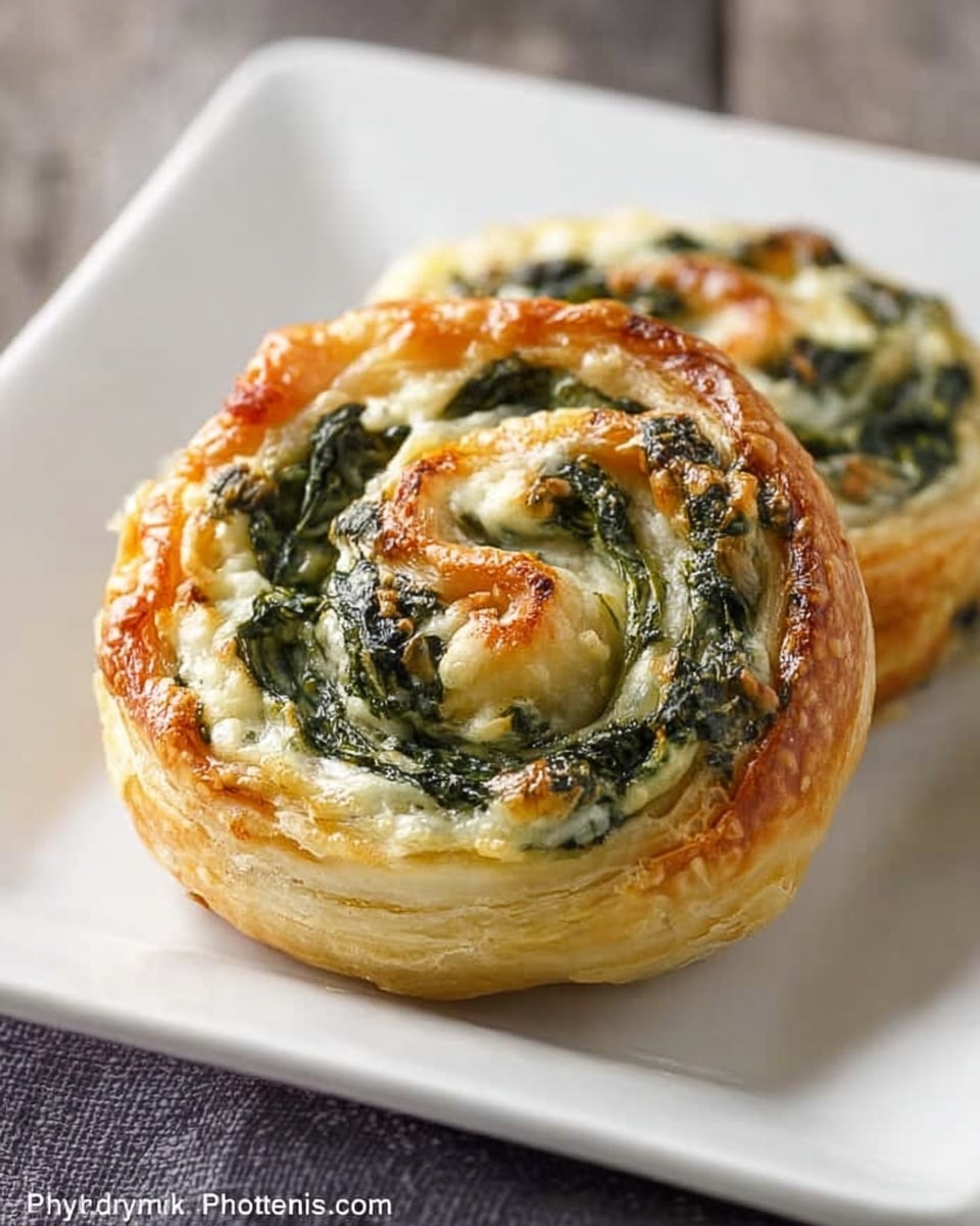 A large white rectangular platter filled with a full batch of golden-brown spinach and cheese pinwheel pastries arranged in neat rows, each pinwheel displaying the spiral of flaky puff pastry enveloping vibrant, sautéed spinach and melted creamy cheese, the edges crisp and perfectly baked to a light golden finish, photographed from a three-quarter angle on a clean white marble countertop with natural lighting, styled like a high-end food magazine hero shot, photo taken with an iphone --ar 4:5 --v 7