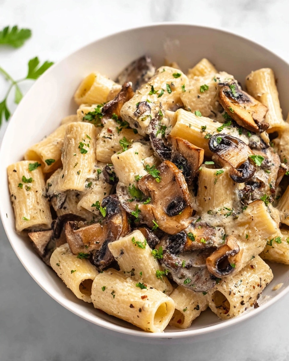 Large white bowl filled with creamy mushroom pasta rigatoni, featuring tender slices of sautéed mushrooms and finely chopped fresh parsley sprinkled on top, the sauce enveloping the pasta with a rich texture, whole dish captured from a 3/4 angle on a white marble countertop with natural lighting, professional food magazine hero shot photo taken with an iphone --ar 4:5 --v 7