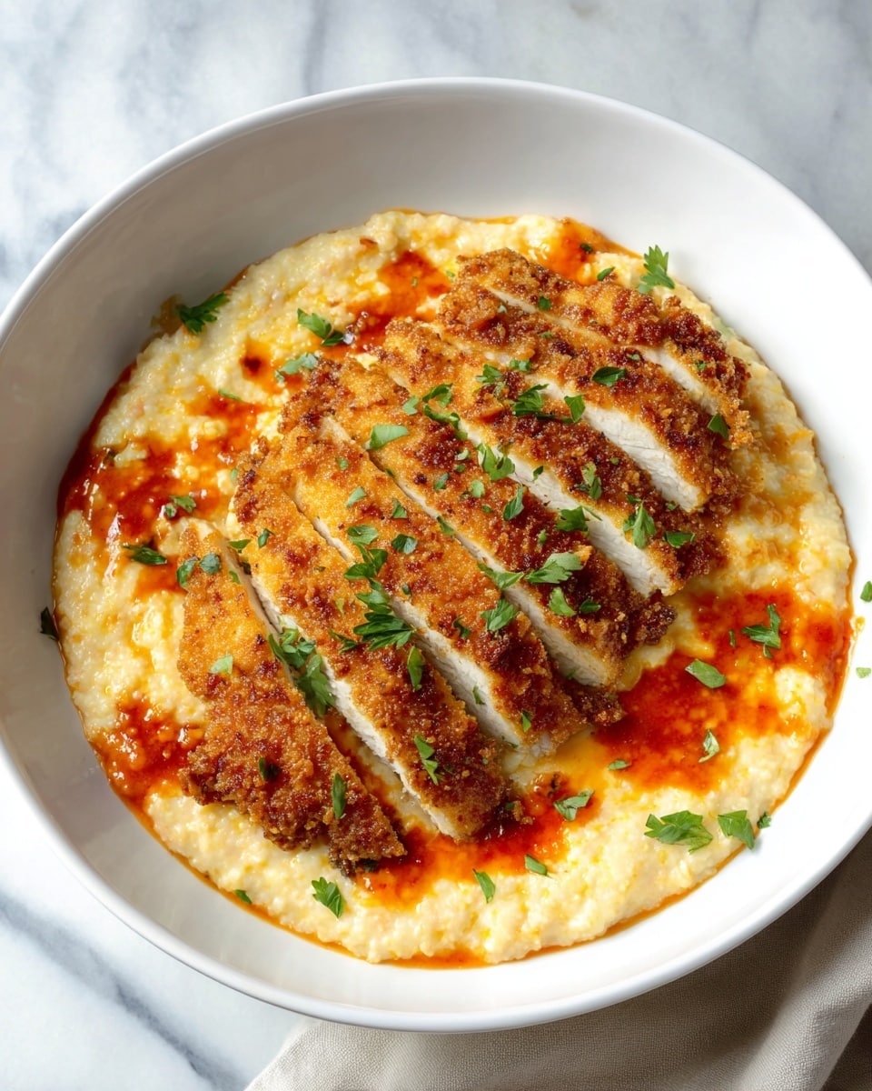 Large white serving platter featuring a whole crispy breaded chicken tenderloin arranged neatly over a generous bed of creamy, rich cheese grits, drizzled with vibrant spicy red pepper sauce and garnished with fresh chopped parsley, the entire dish captured in a professional 3/4 angle shot on a white marble countertop with natural lighting, styled like a hero shot from a food magazine, photo taken with an iphone --ar 4:5 --v 7