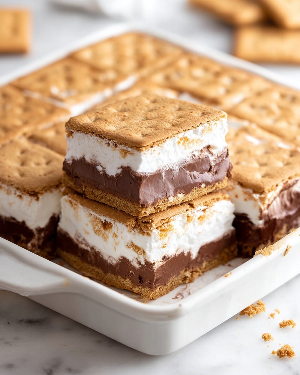 A large white rectangular serving dish filled with a whole batch of layered s'mores bars, featuring a bottom layer of graham crackers, a thick middle layer of creamy chocolate filling, topped with a fluffy marshmallow layer, and finished with an even layer of whole square graham crackers on top, with the edges showing the distinct layers clearly, photographed from a 3/4 angle on a white marble countertop in natural lighting, professional food styling photo taken with an iphone --ar 4:5 --v 7