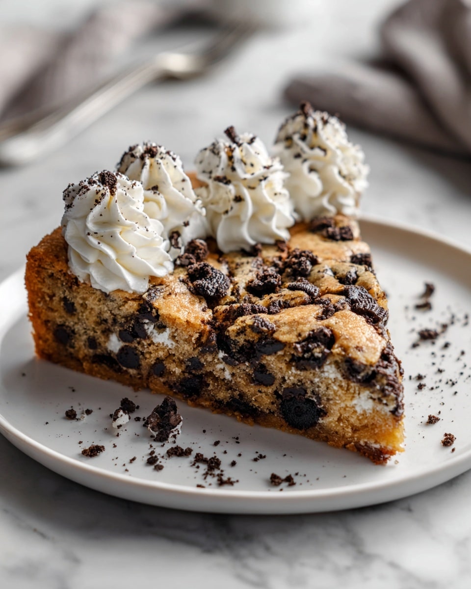 Whole large round cookie cake on white parchment paper atop a black wire cooling rack, studded generously with chocolate chunks and cookies pieces throughout the golden-baked dough, decorated around the edge with evenly spaced dollops of whipped cream topped with chocolate cookie crumbs, photographed from a 3/4 angle with a white marble background and natural lighting, professional food styling photo taken with an iphone --ar 4:5 --v 7