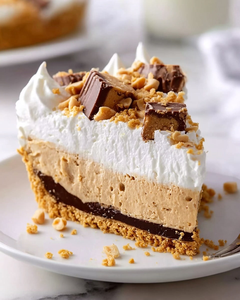 A whole round cheesecake on a white plate, fully decorated with a smooth layer of creamy white topping, surrounded by a crunchy nut and pretzel crust covering the sides entirely, topped with an elegant ring of chopped peanut butter cups and whole miniature peanut butter cups arranged in the center, all displayed on a white marble countertop, shot with natural lighting from a 3/4 angle, styled like a professional food magazine hero shot, photo taken with an iphone --ar 4:5 --v 7