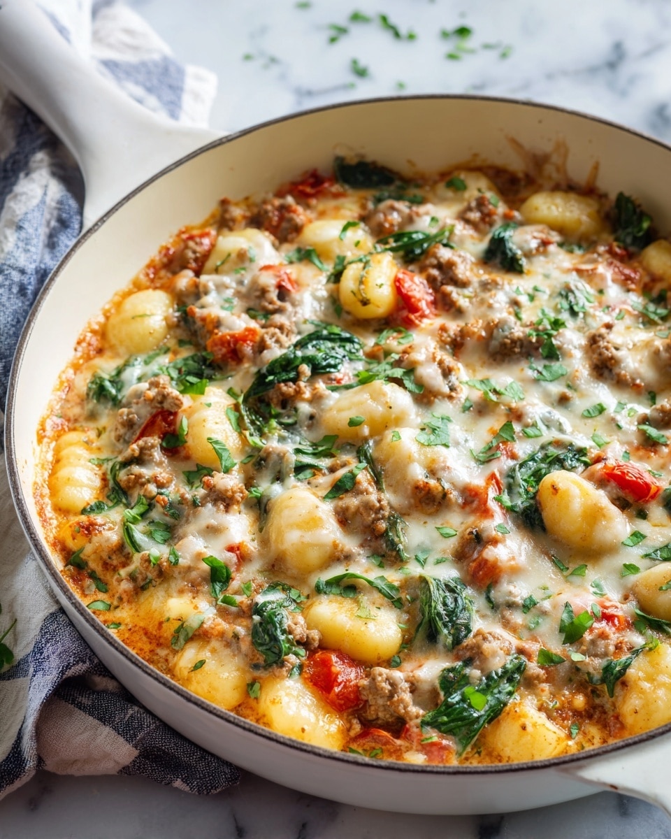 Large white skillet filled with a creamy cheesy gnocchi bake, loaded with tender gnocchi, browned ground meat, sautéed spinach, and diced tomatoes, all generously topped with melted mozzarella cheese and sprinkled with fresh chopped herbs, whole dish photographed from a 3/4 angle on a white marble background with natural lighting, styled as a hero shot in a food magazine, photo taken with an iphone --ar 4:5 --v 7