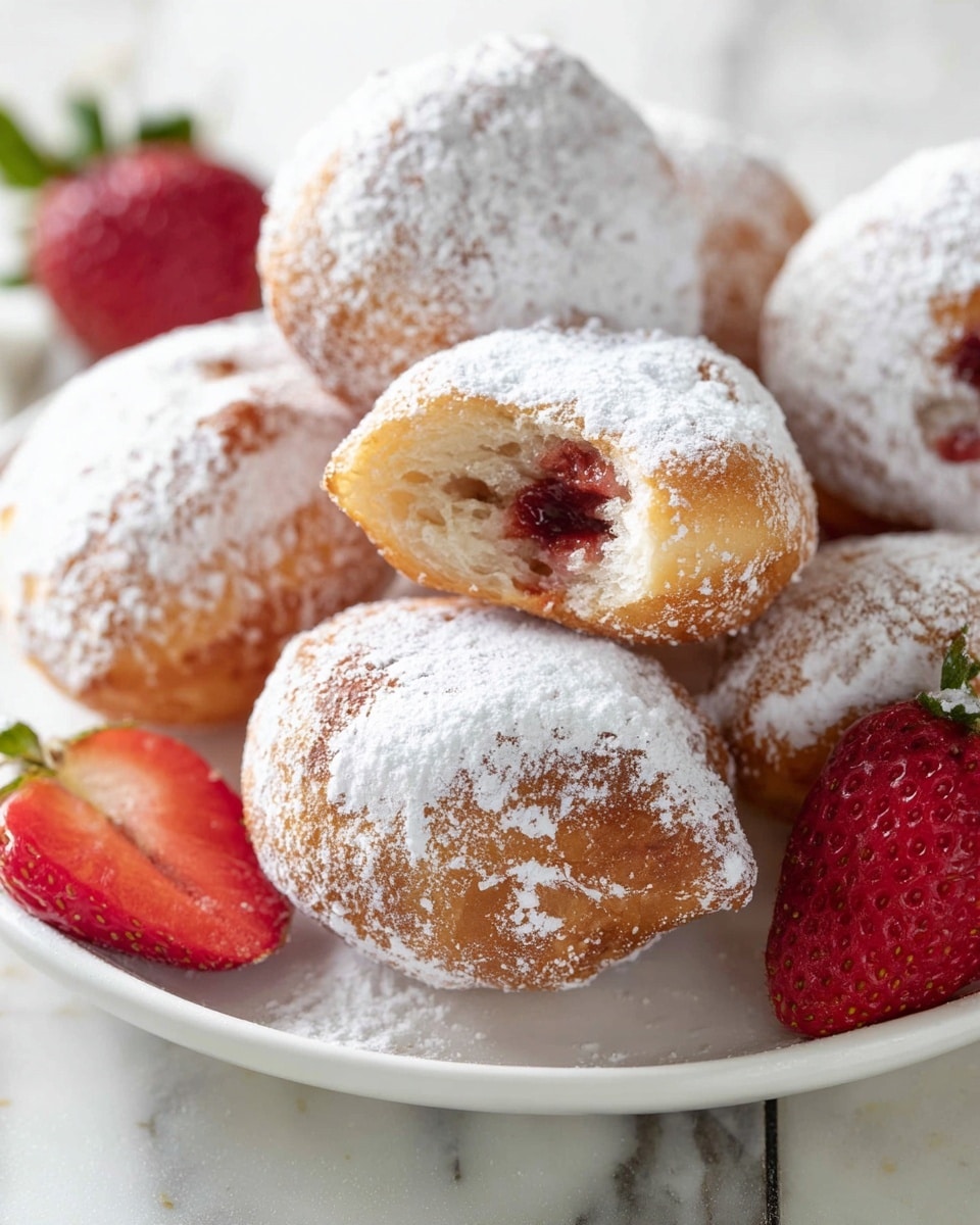 White plate filled with a complete assortment of powdered sugar-dusted beignets, fluffy and golden, each showing small hints of raspberry filling peeking through, accompanied by fresh whole strawberries for garnish, styled on a white marble countertop with natural lighting, professional food magazine hero shot photo taken with an iphone --ar 4:5 --v 7