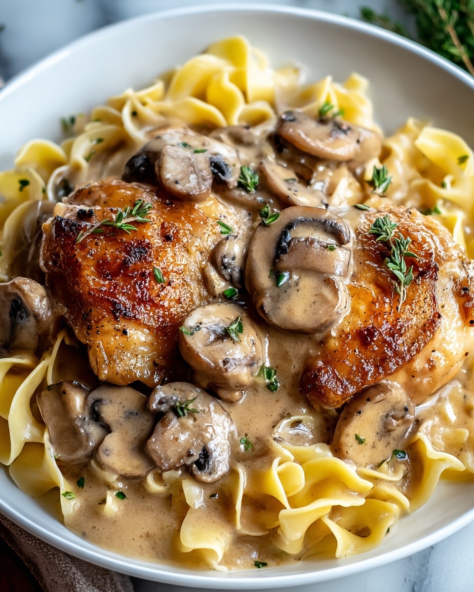 Large white serving bowl filled with whole golden-brown pan-seared chicken thighs nestled over a bed of buttered egg noodles, generously smothered in creamy mushroom sauce with whole sliced mushrooms and fresh thyme sprigs scattered on top, capturing the full comforting dish from a 3/4 angle on a white marble countertop with natural lighting, styled like a hero shot in a food magazine, photo taken with an iphone --ar 4:5 --v 7