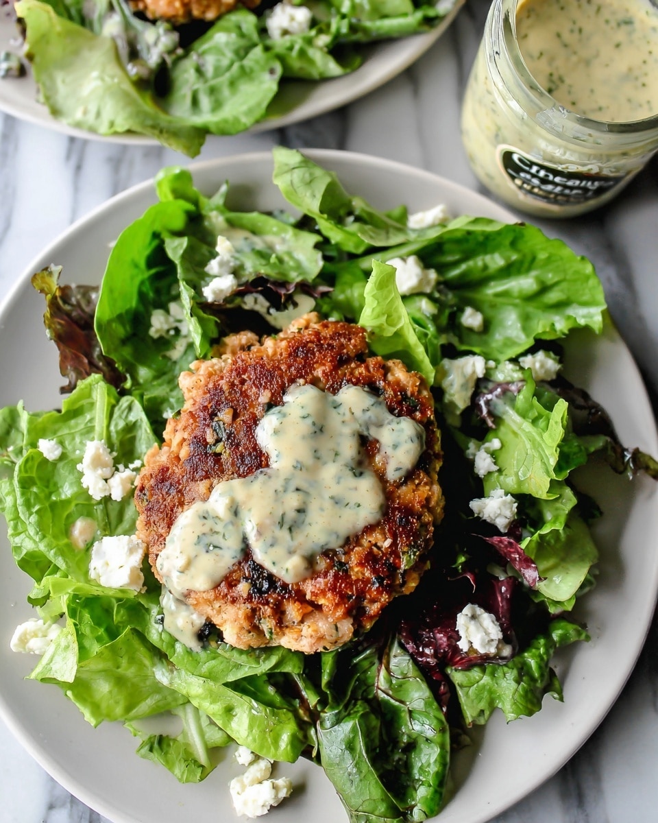 Cast iron skillet filled with five golden-brown turkey spinach patties, richly textured with visible bits of spinach and herbs, cooked to a crisp on the outside, the skillet resting on a beige textured cloth, surrounded by fresh green spinach leaves, a glass bowl of crumbled feta cheese, and a bottle of creamy dressing, overhead shot capturing the entire dish in a clean, professional food magazine style on a white marble background with natural light, photo taken with an iphone --ar 4:5 --v 7
