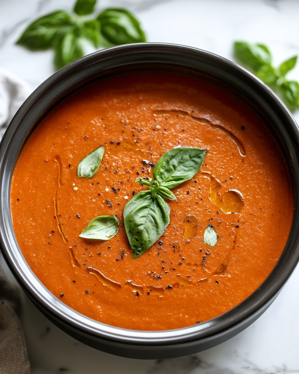 Large white ceramic bowl brimming with creamy tomato basil soup, evenly garnished with finely chopped fresh basil leaves, freshly ground black pepper, and a drizzle of golden olive oil, surrounded by fresh basil sprigs and a small bowl of coarse sea salt on a bright white marble countertop, natural lighting highlighting the smooth texture and vibrant color of the entire soup, professional 3/4 angle food magazine style photo taken with an iphone --ar 4:5 --v 7
