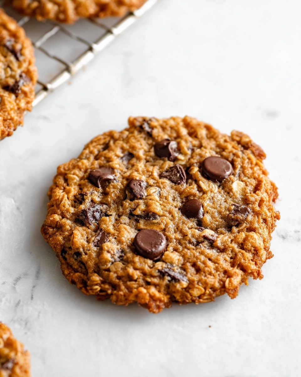 Large white rectangular cooling rack filled with rows of freshly baked oatmeal chocolate chip cookies, each cookie golden brown with visible oats and scattered dark chocolate chips, whole batch arranged neatly on a white marble countertop under natural light, professional overhead food photography, entire set in frame, photo taken with an iphone --ar 4:5 --v 7