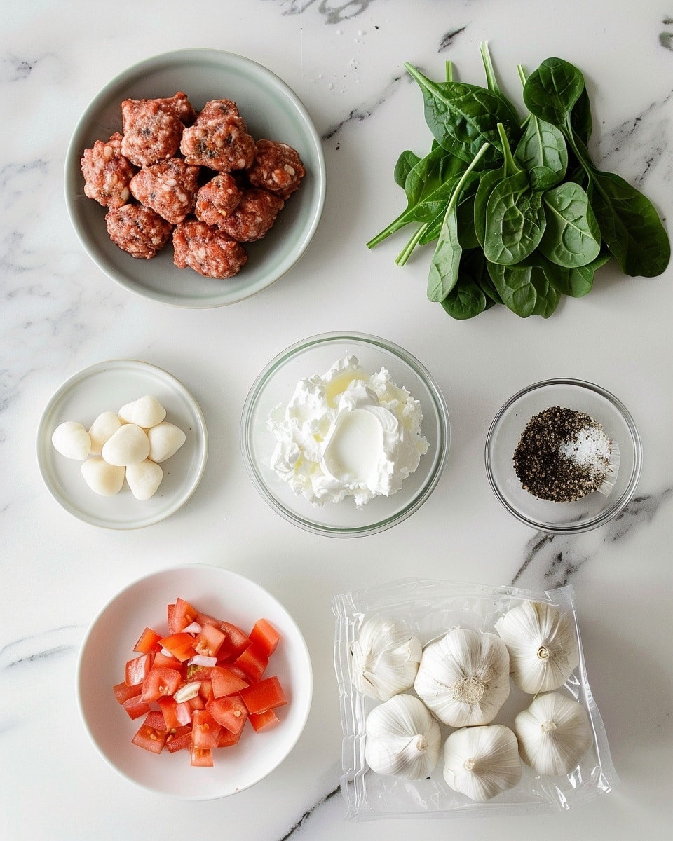 Single white bowl with a plated portion of creamy gnocchi served with wilted spinach, crumbled sausage, and diced tomatoes in a rich cheese sauce, close-up angled shot capturing the soft, pillowy gnocchi coated in the sauce with visible layers of spinach and sausage, sprinkled with shredded cheese on top, placed on white marble surface with natural light highlighting the texture and warmth of the dish, intimate plated serving photo taken with an iphone --ar 4:5 --v 7