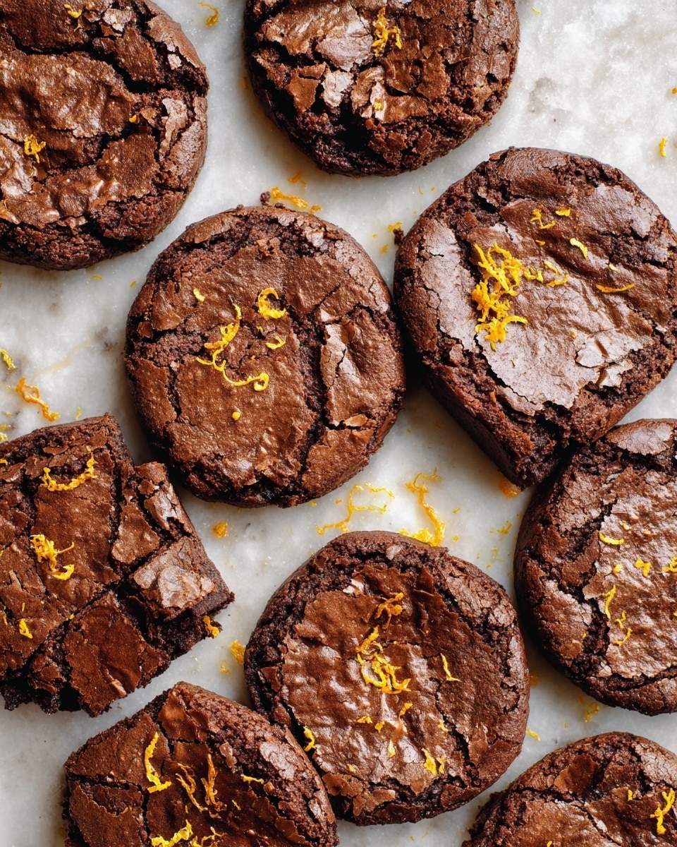 Multiple freshly baked large chocolate brownies with cracked shiny tops garnished with bright orange zest flakes, arranged on a white marble countertop, overhead professional food magazine style photograph showing the entire batch in a rustic setting, natural lighting, photo taken with an iphone --ar 4:5 --v 7