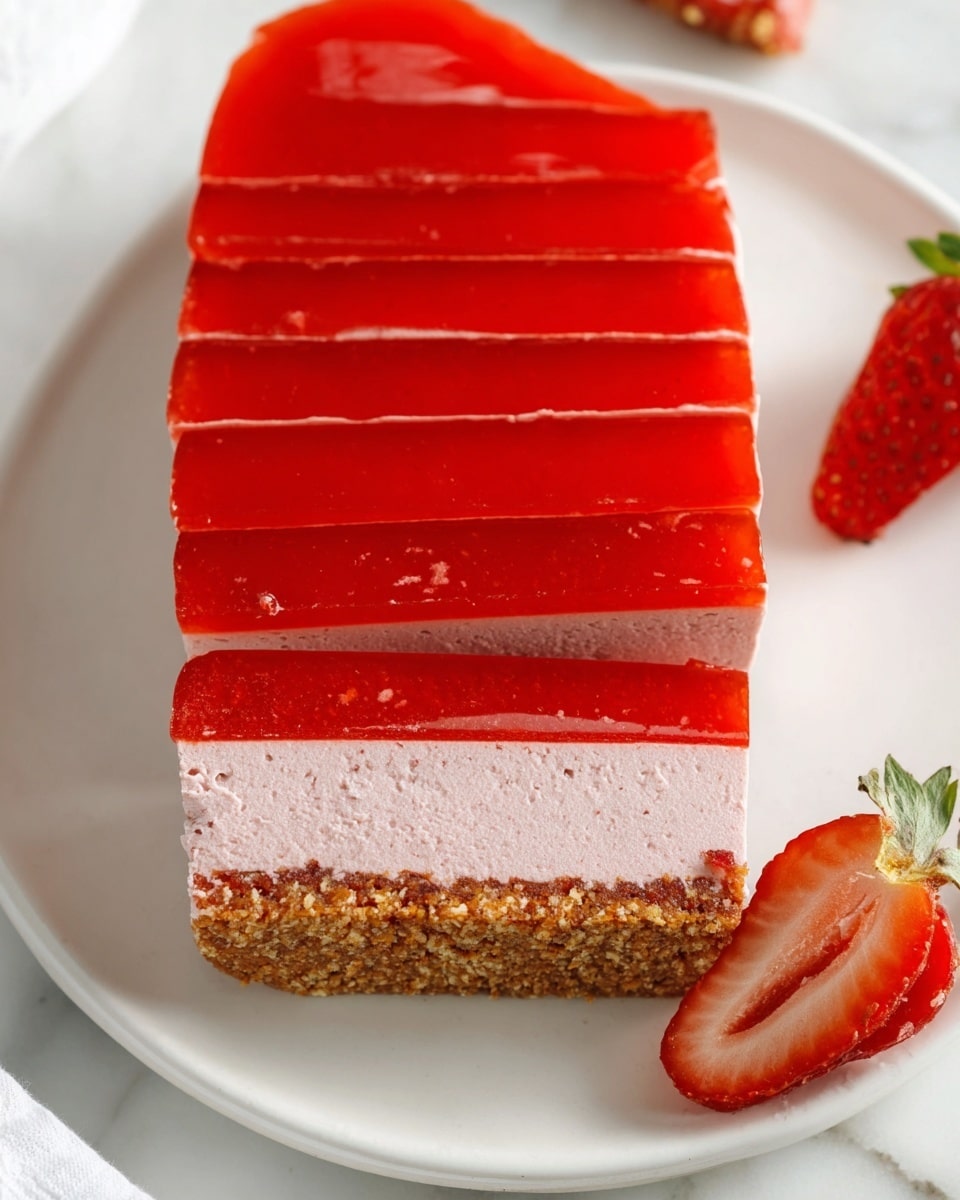 Whole rectangular strawberry mousse cake on a white serving platter, featuring a smooth glossy strawberry jelly layer on top, decorated with fresh halved strawberries, a thick fluffy pale pink mousse filling, and a golden graham cracker crust base, presented in a pristine and complete form on a white marble countertop, captured with natural lighting in a professional 3/4 angle food magazine style photo taken with an iphone --ar 4:5 --v 7