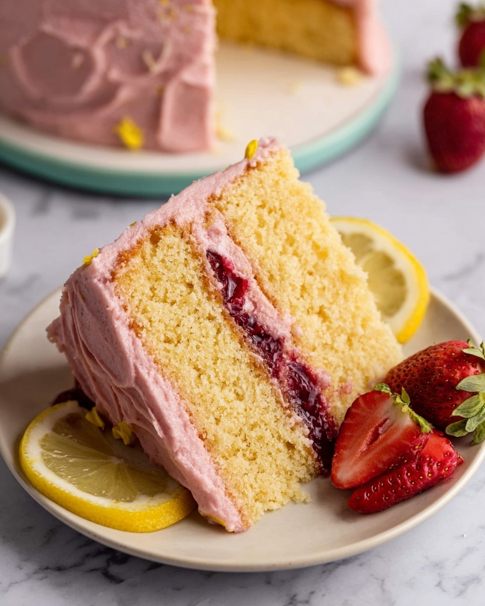 Whole round cake fully frosted with smooth pink strawberry buttercream, topped generously with whole and halved fresh strawberries and delicate lemon slices as decoration, with a layer of berry jam and pink frosting visible between the two thick vanilla sponge layers, presented on a white cake stand, photographed from a 3/4 angle on a white marble background with natural lighting, styled like a hero shot in a food magazine photo taken with an iphone --ar 4:5 --v 7