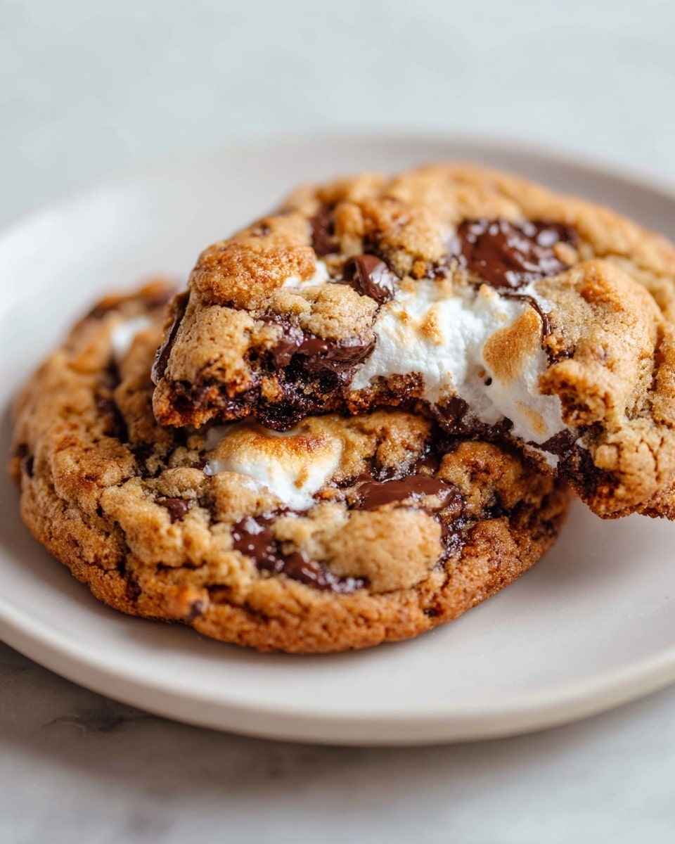 Large white round plate filled with a full batch of freshly baked cookies studded with melted chocolate chunks and gooey white marshmallow bits, arranged neatly so the entire collection is visible, shot from a slight 3/4 angle on a white marble countertop with natural light highlighting the warm, golden-brown texture of the cookies, professional food styling photo taken with an iphone --ar 4:5 --v 7