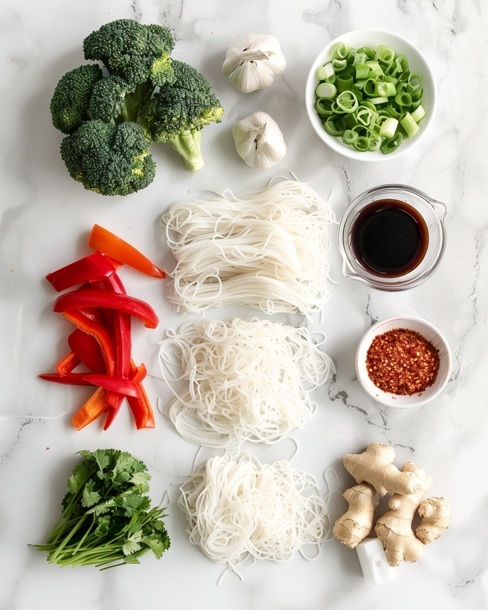 Single white plate serving of stir-fried chicken strips with vibrant broccoli florets, red bell pepper slices, and sautéed onions mixed with tender wide rice noodles coated in a rich savory sauce, close-up angled shot emphasizing the texture and glossy finish of the sauce on the chicken and vegetables, natural light highlighting the fresh vegetables and meaty slices, arranged neatly on a white marble surface, styled like a food blog presentation, photo taken with an iphone --ar 4:5 --v 7