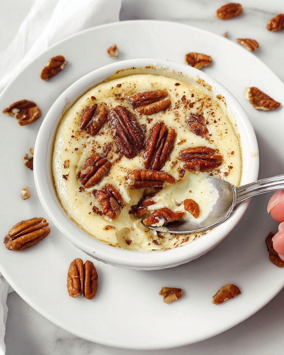 White ceramic ramekin filled with a whole baked custard topped generously with toasted pecans, set on a large white plate with scattered pecans around, photographed from a 3/4 angle on a white marble countertop, natural lighting highlighting the creamy texture and nutty topping, professional food magazine hero shot, photo taken with an iphone --ar 4:5 --v 7