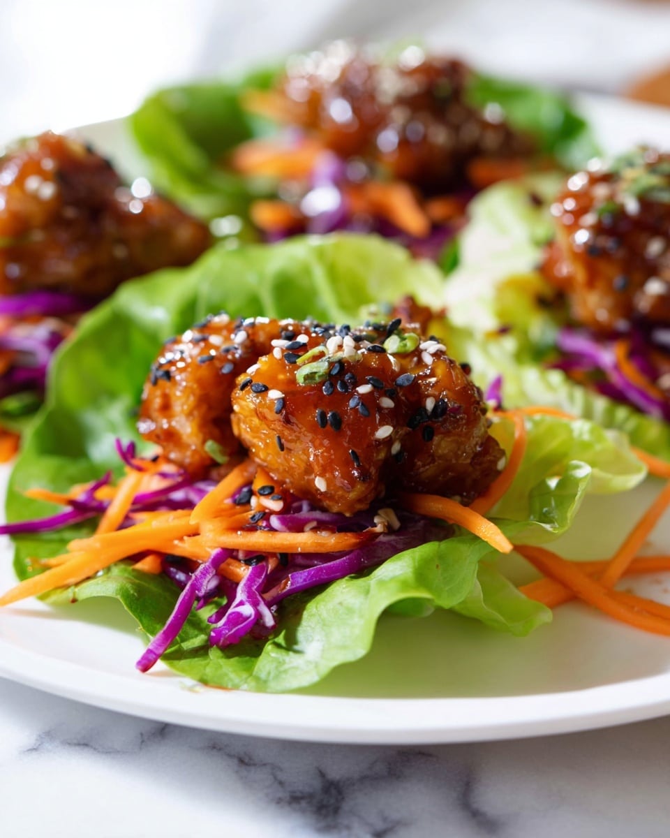 Large white platter showcasing multiple pieces of lettuce wraps filled with crispy, glazed chicken bites coated in a shiny, spicy sauce, each topped with a generous sprinkle of black and white sesame seeds, layered with vibrant purple cabbage shreds and thin strips of fresh mango, arranged neatly across the platter, all photographed from a 3/4 angle on a white marble countertop with natural lighting, professional food styling photo taken with an iphone --ar 4:5 --v 7