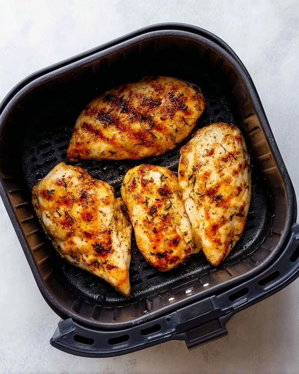 Black air fryer basket filled with three whole, golden-browned, perfectly cooked chicken fillets seasoned with herbs and spices, showcasing a juicy, tender texture and slight grill marks, arranged neatly inside the basket against a white marble background with natural lighting, professional food styling, shot from a 3/4 angle, photo taken with an iphone --ar 4:5 --v 7