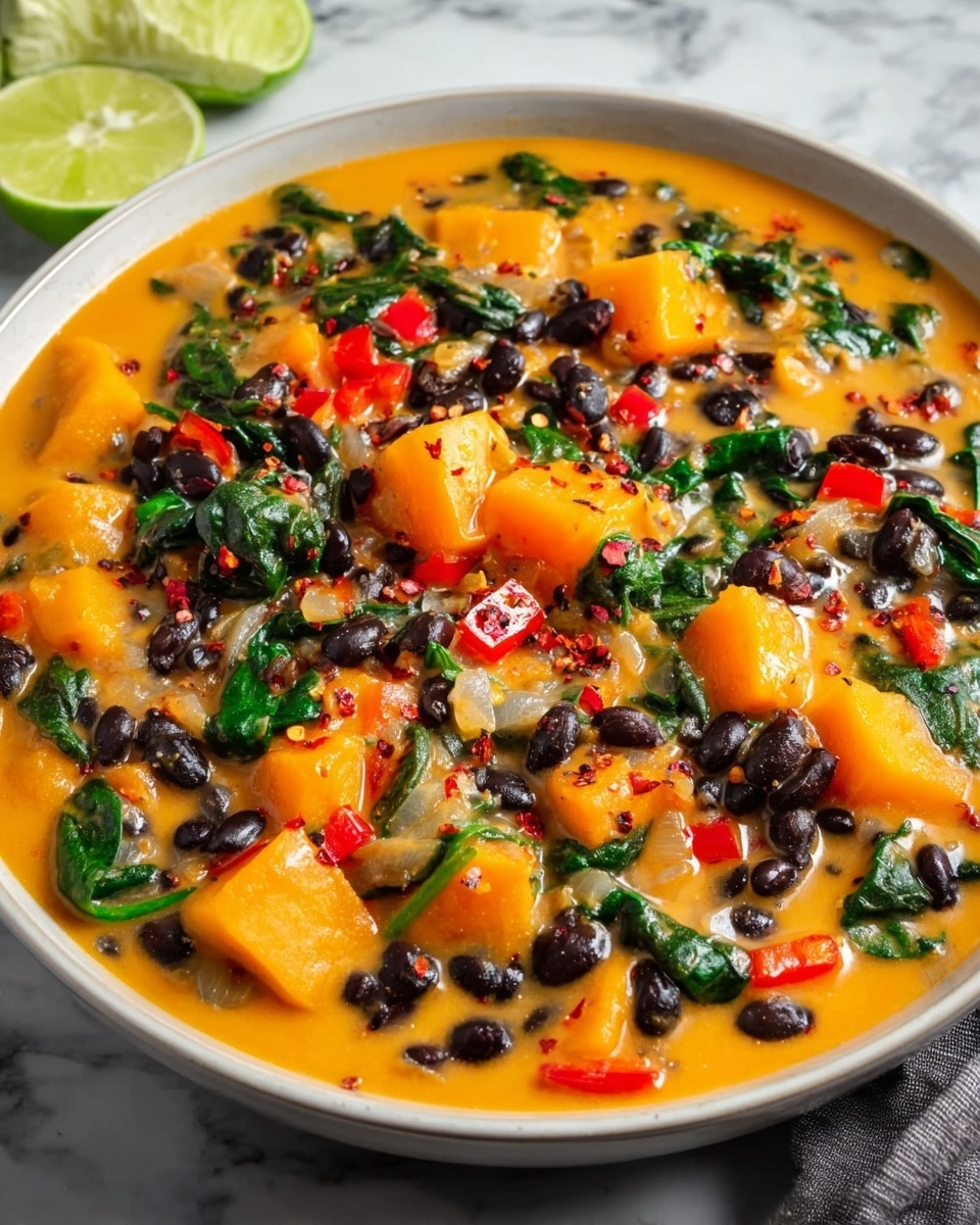 Large white bowl filled with vibrant butternut squash and black bean stew, featuring tender chunks of squash, glossy black beans, diced red bell peppers, translucent sautéed onions, and fresh dark green spinach leaves all simmered in a rich, creamy orange broth, garnished with scattered red chili flakes, the entire dish photographed from a 3/4 angle on a white marble countertop with natural lighting, styled as a professional food magazine hero shot, photo taken with an iphone --ar 4:5 --v 7