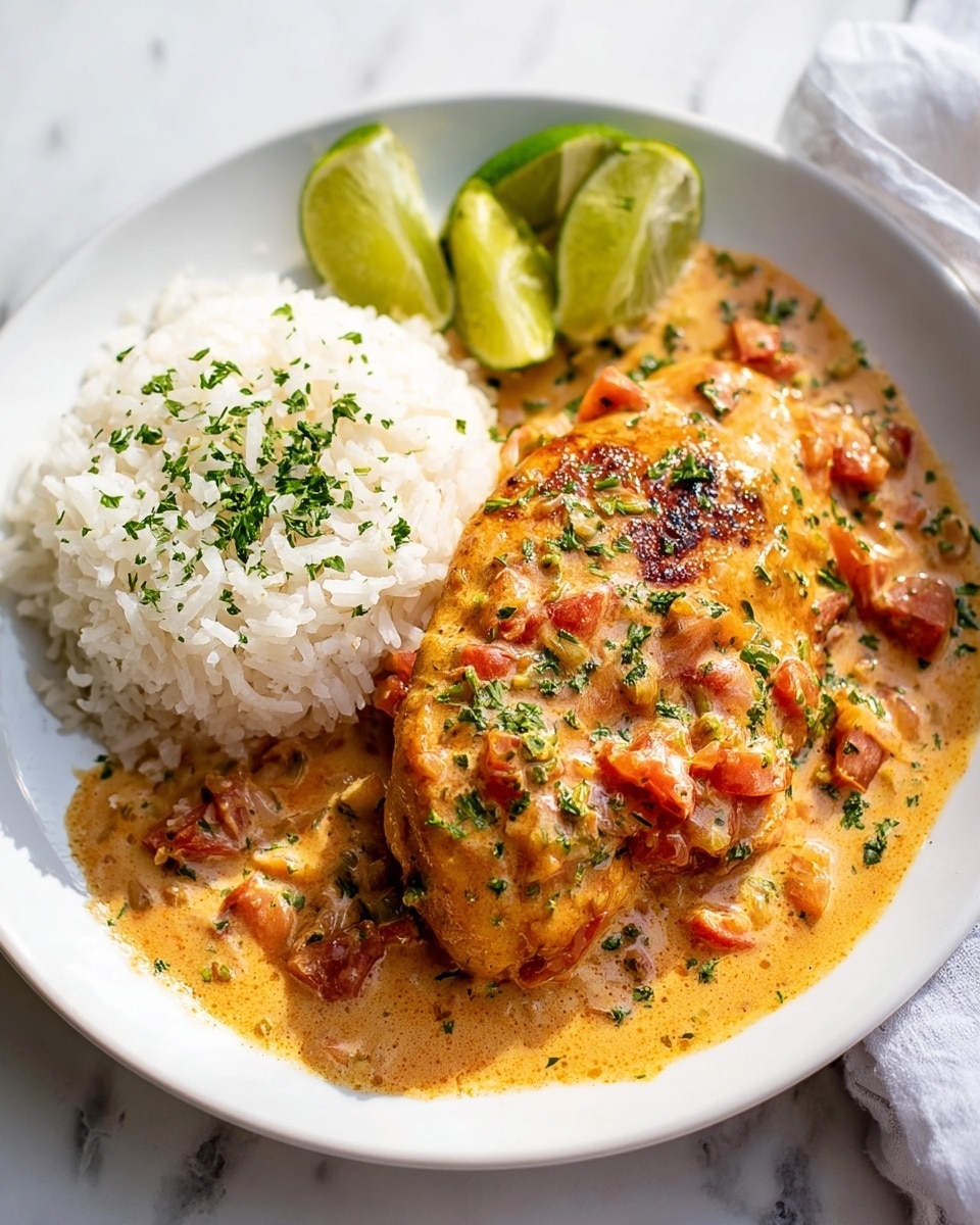 Large white ceramic skillet filled with creamy lime chicken, showcasing several golden-seared chicken pieces generously coated in a rich, velvety sauce with finely diced tomatoes and fresh chopped herbs, accented with multiple vibrant lime wedges nestled throughout, whole dish photographed from a 3/4 angle on a white marble countertop with natural lighting, professional food magazine hero shot, photo taken with an iphone --ar 4:5 --v 7