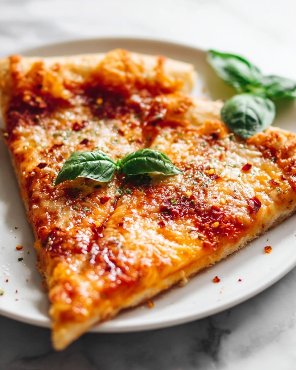 Whole homemade cheese pizza on a round white plate, golden melted mozzarella cheese evenly spread over a rich tomato sauce base with a thick, golden-brown crust, fresh bright green basil leaves scattered on top, accompanied by small white bowls of grated Parmesan and red pepper flakes on a white marble surface, natural daylight highlighting the textures, professional 3/4 angle food magazine style, photo taken with an iphone --ar 4:5 --v 7
