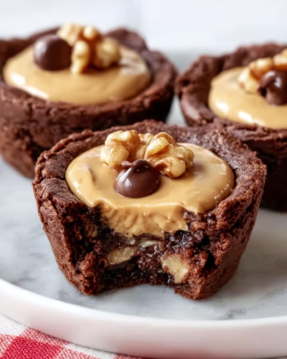 White muffin tin filled with six perfectly baked chocolate brownie cups topped with a smooth layer of creamy peanut butter filling, each garnished with a couple of chocolate chips and a cashew nut, showcasing the entire batch together on a white marble countertop with natural lighting, professional food magazine hero shot photo taken with an iphone --ar 4:5 --v 7