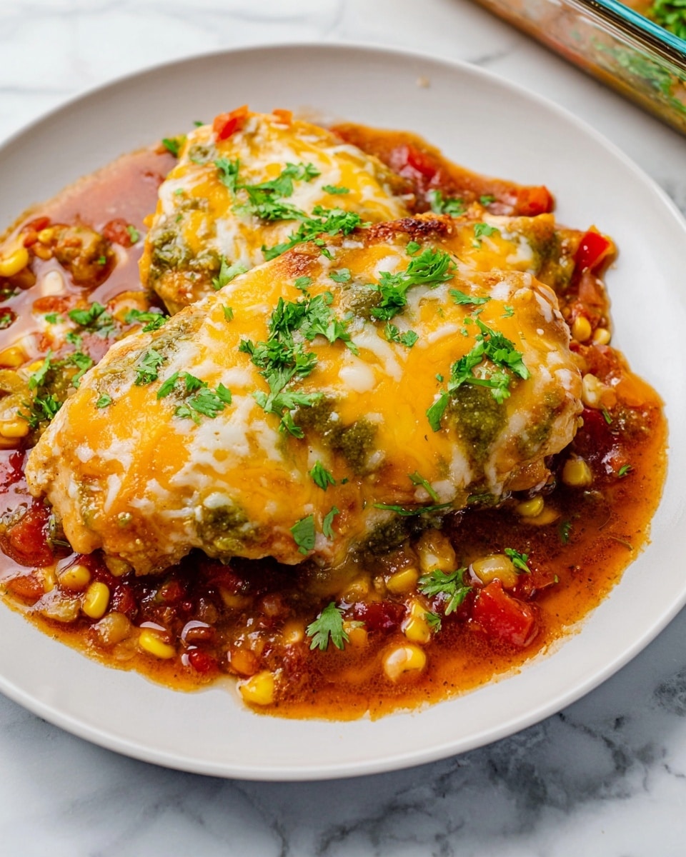 Large white rectangular ceramic baking dish filled with a fully baked cheesy Mexican-style chicken casserole, featuring several whole chicken breasts generously topped with melted golden cheddar and white cheeses, scattered with chopped green chilies and fresh cilantro, sitting atop a rich base of black beans, corn kernels, diced tomatoes, and aromatic spices, all perfectly cooked and glistening, photographed at a 3/4 angle on a white marble countertop with natural lighting, styled as a professional food magazine hero shot, photo taken with an iphone --ar 4:5 --v 7