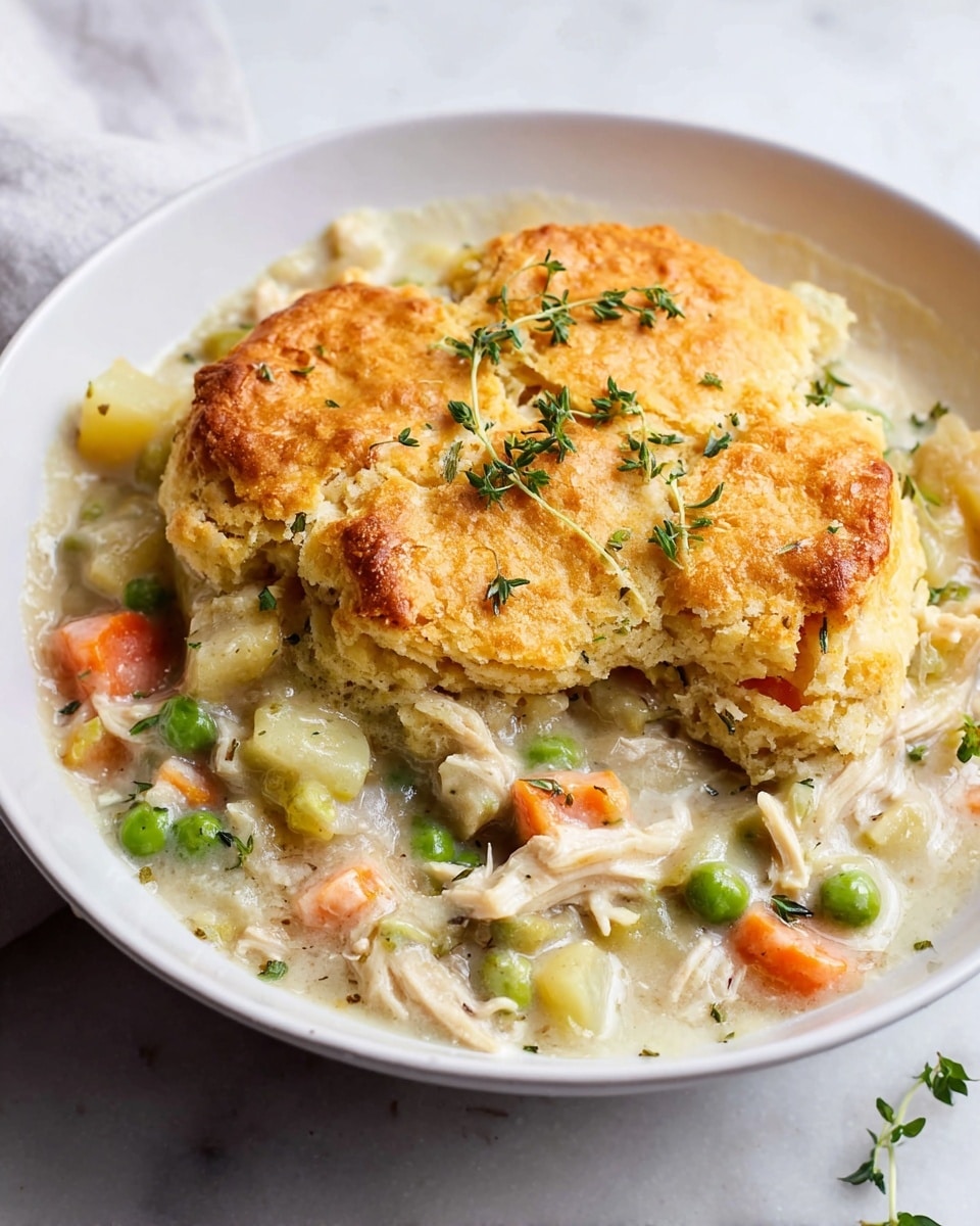 Large white rectangular baking dish filled with a golden-brown cobbler topping covering a creamy chicken pot pie filling, bursting with peas, carrots, tender chicken pieces, and a rich, savory sauce, the crust textured with herbs and perfectly baked to a crisp golden hue, whole dish presented on a white marble surface with natural lighting capturing the homey, comforting appeal, professional food magazine style hero shot taken with an iphone --ar 4:5 --v 7