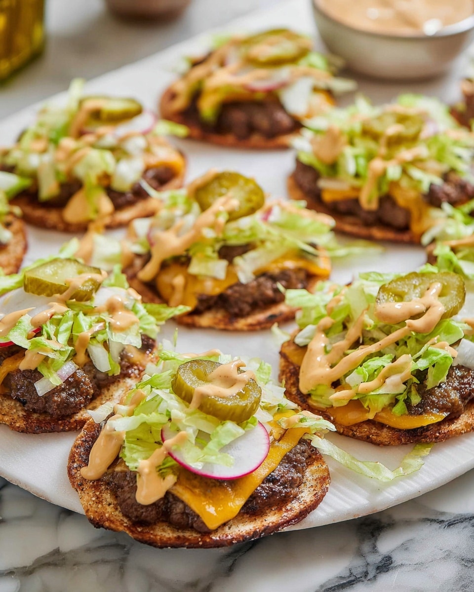 A large white serving platter featuring multiple whole open-faced mini burgers arranged neatly, each topped with a perfectly seasoned beef patty, melted cheddar cheese, crisp shredded lettuce, diced onions, sliced pickles, and drizzled with a creamy, spicy sauce, all set on a rustic toasted bun base, the full dish shown in a professional 3/4 angle shot on a white marble countertop with natural lighting, styled like a hero food magazine presentation, photo taken with an iphone --ar 4:5 --v 7