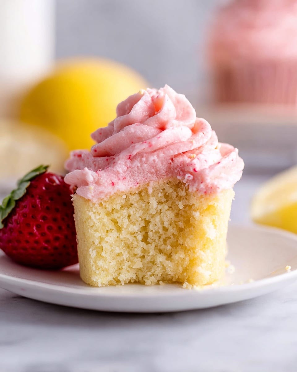 A pristine white platter showcasing a full batch of delicate lemon cupcakes, each topped with swirled pink strawberry frosting, arranged neatly in rows to emphasize their fluffy texture and vibrant color contrast, accompanied by fresh whole strawberries and halved lemon for garnish, set on a white marble surface with natural lighting highlighting the softness of the cake and the creamy frosting, professional food magazine hero shot photo taken with an iphone --ar 4:5 --v 7