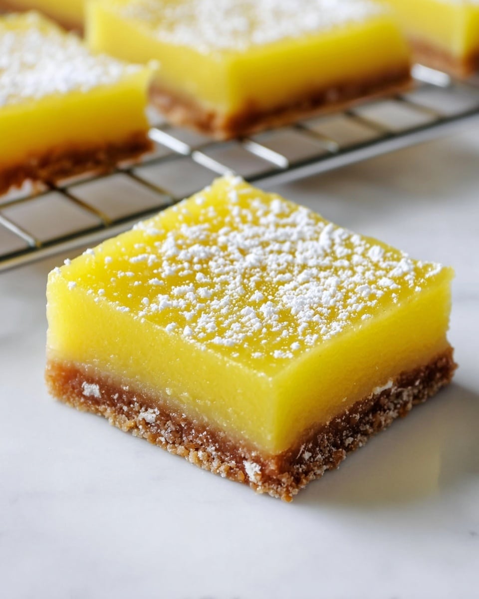 Full rectangular white baking dish holding a bright, glossy lemon bar dessert with a smooth yellow lemon topping sprinkled evenly with powdered sugar dust, the entire dessert intact without any slices missing, presented on a white marble countertop, captured in natural lighting with a professional 3/4 angle food magazine-style photo taken with an iphone --ar 4:5 --v 7