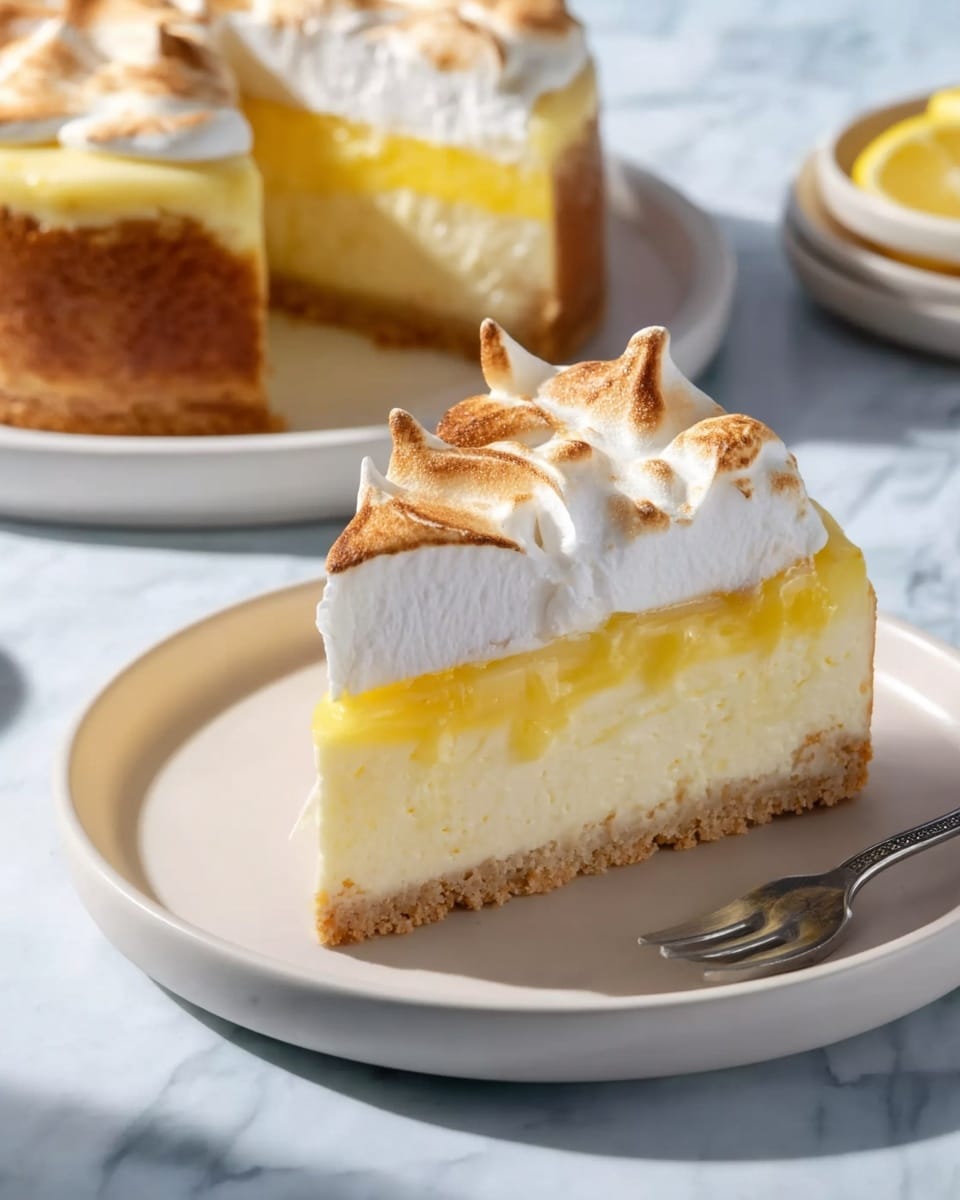 Whole lemon meringue pie in a round white ceramic pie dish, topped with perfectly toasted swirls of fluffy meringue that are golden brown on peaks, sitting on a white marble countertop, professional 3/4 angle food magazine style shot, natural lighting, photo taken with an iphone --ar 4:5 --v 7