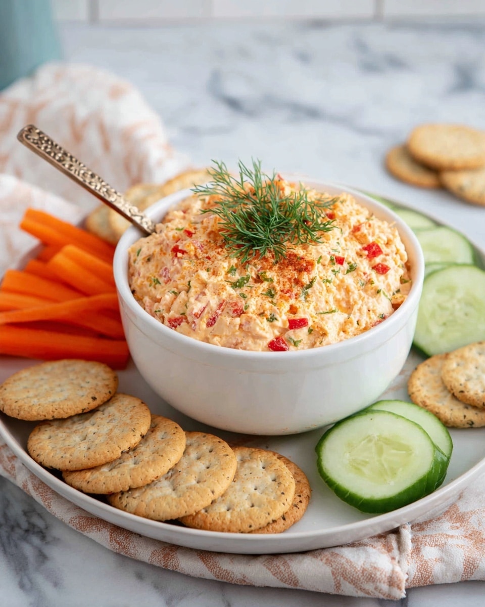 Large white bowl filled with creamy pimento cheese spread, vibrant with finely diced red pimentos and fresh herbs mixed throughout, garnished with a generous sprig of fresh dill on top, surrounded by a full arrangement of round crackers, sliced cucumbers, and carrot rounds on a white plate, photographed at a 3/4 angle against a white marble countertop under natural lighting, styled for a professional food magazine hero shot, photo taken with an iphone --ar 4:5 --v 7