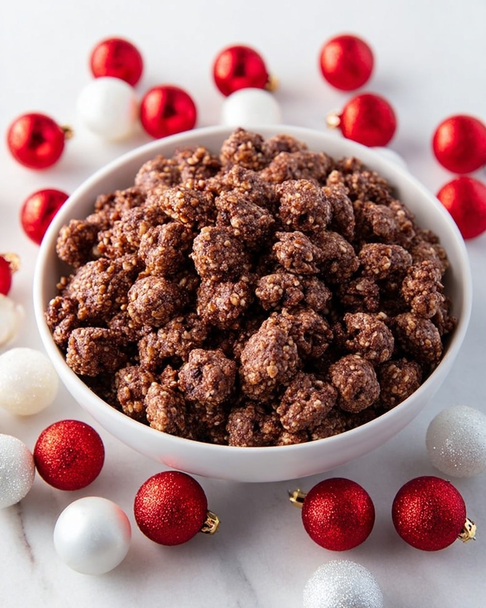 Large white bowl completely filled with textured cacao granola clusters, showcasing a rich, crunchy coating, surrounded by decorative glistening red and white spherical ornaments, whole dish photographed from a 3/4 angle on a white marble countertop, natural lighting, professional food magazine style photo taken with an iphone --ar 4:5 --v 7