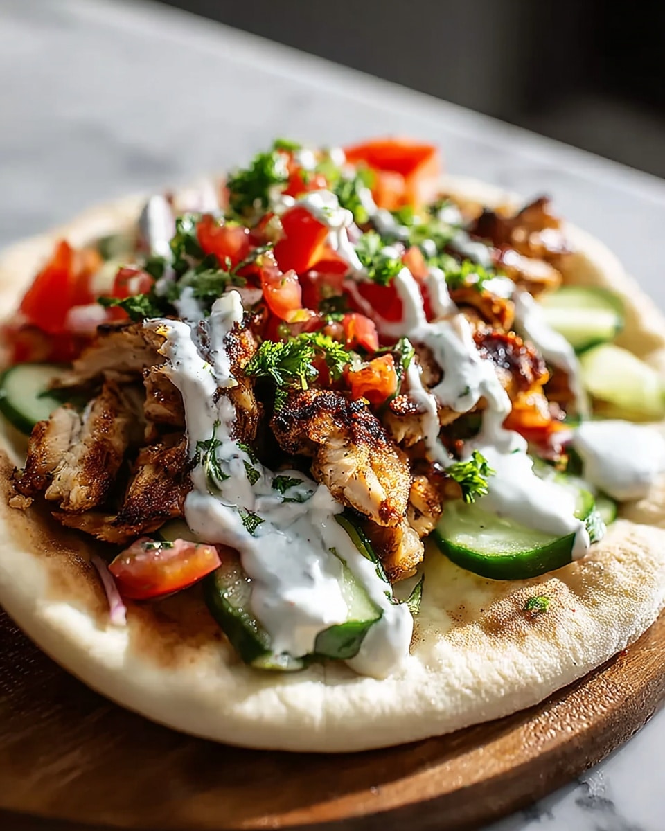 Whole large white plate displaying a whole uncut chicken shawarma wrap with perfectly grilled marinated chicken, vibrant diced tomatoes, fresh cucumber slices, finely chopped parsley, and creamy white garlic sauce generously dripping over warm fluffy pita bread, styled elegantly on a white marble countertop with natural lighting and a professional food magazine hero shot vibe, photo taken with an iphone --ar 4:5 --v 7